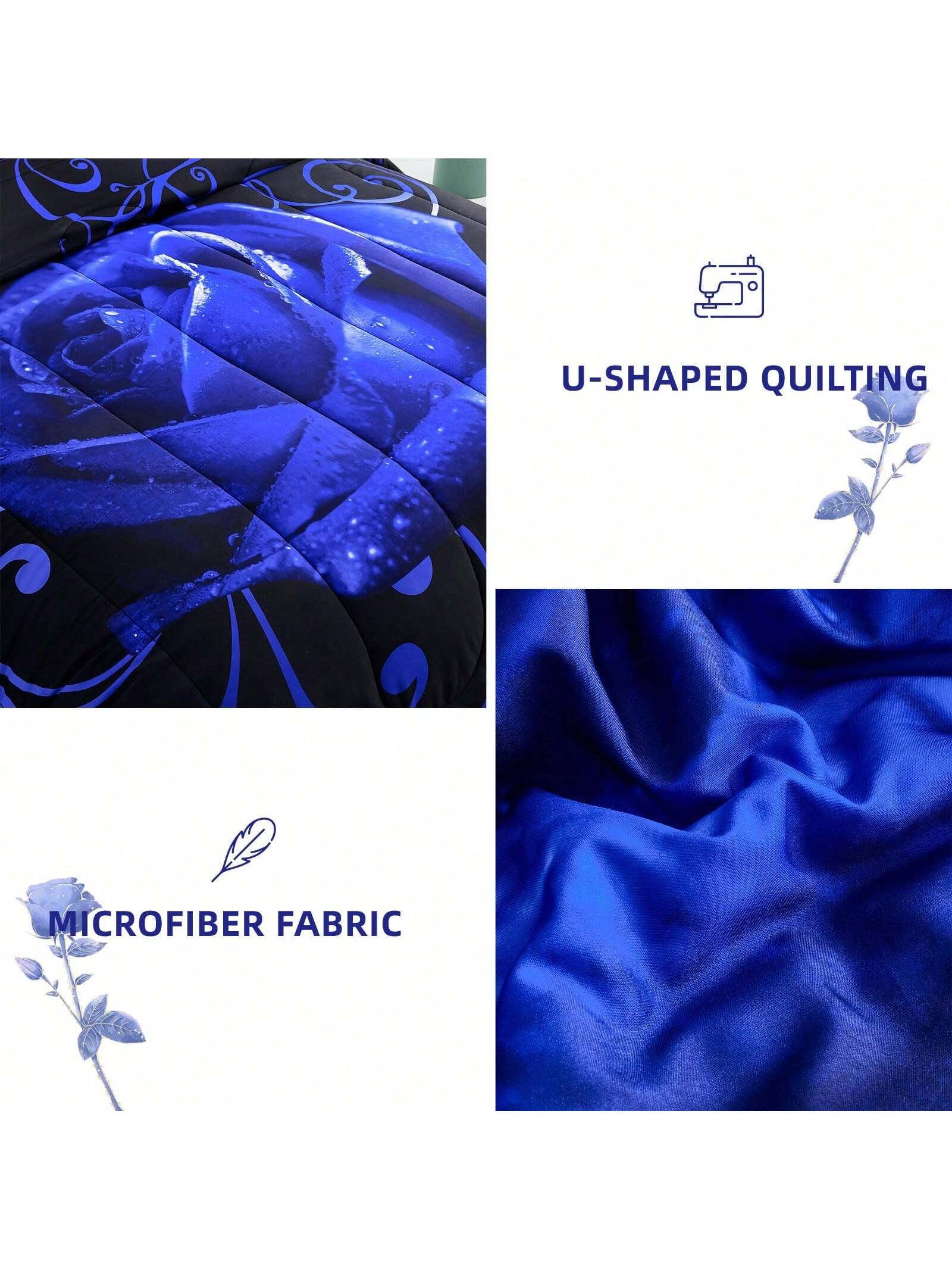 7 Pieces Blue Comforter Set Queen King Size, Rose Pattern Bed In A Bag, Lightweight Soft Microfiber Bedding Sets With Comforter, Flat Sheet, Fitted Sheet, Pillowcases Home Decor Room Decor Bedroom De