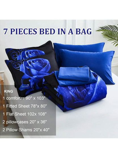 7 Pieces Blue Comforter Set Queen King Size, Rose Pattern Bed In A Bag, Lightweight Soft Microfiber Bedding Sets With Comforter, Flat Sheet, Fitted Sheet, Pillowcases Home Decor Room Decor Bedroom De