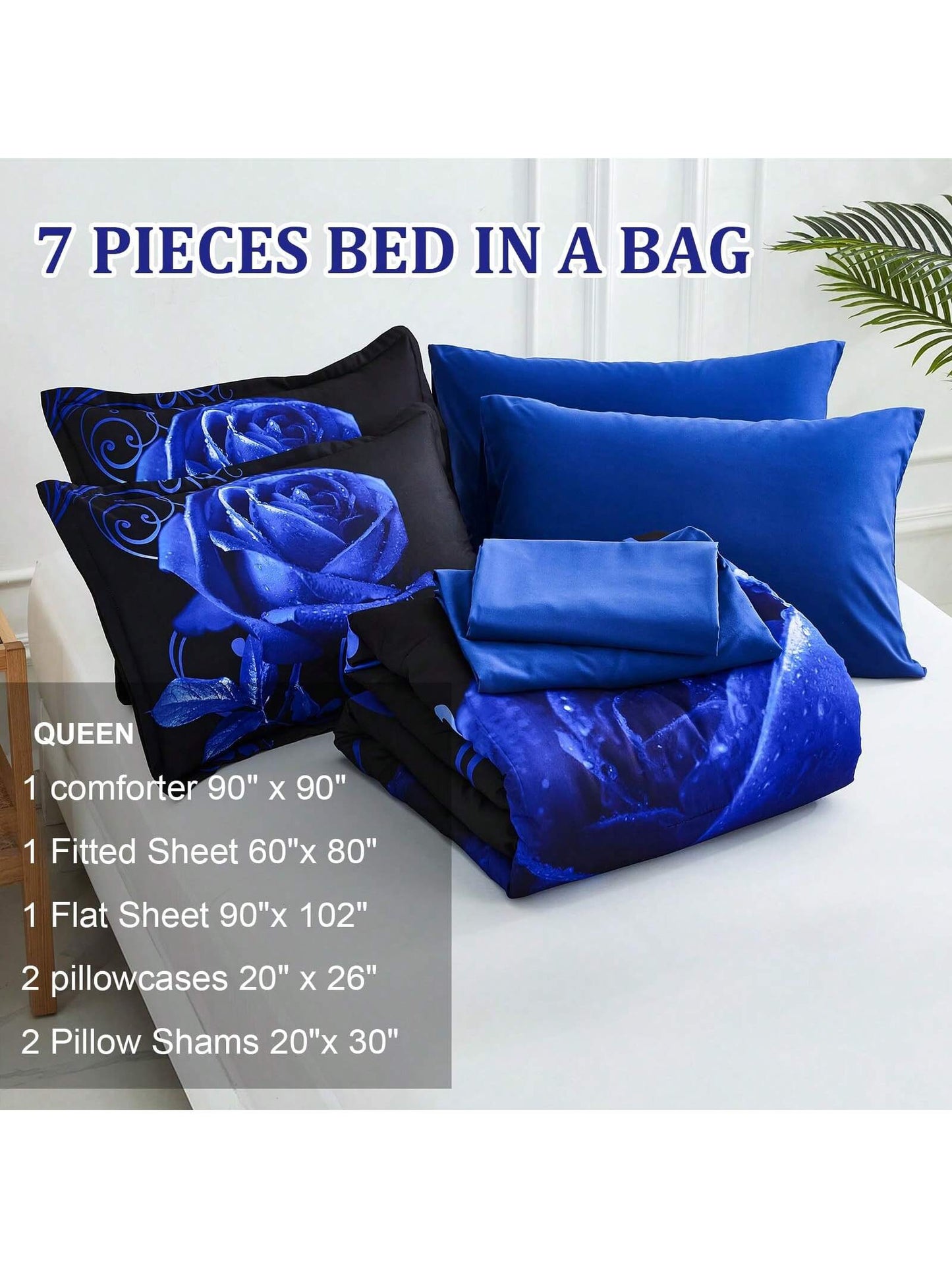 7 Pieces Blue Comforter Set Queen King Size, Rose Pattern Bed In A Bag, Lightweight Soft Microfiber Bedding Sets With Comforter, Flat Sheet, Fitted Sheet, Pillowcases Home Decor Room Decor Bedroom De