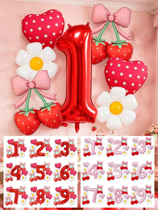 7pcs 40 Inch Pink & Red Number Balloon Set, Bow Cherry Strawberry Foil Balloons, Polka Dot Heart Balloons, Daisy Balloons, Suitable For Birthday Party, Baby Shower Decoration