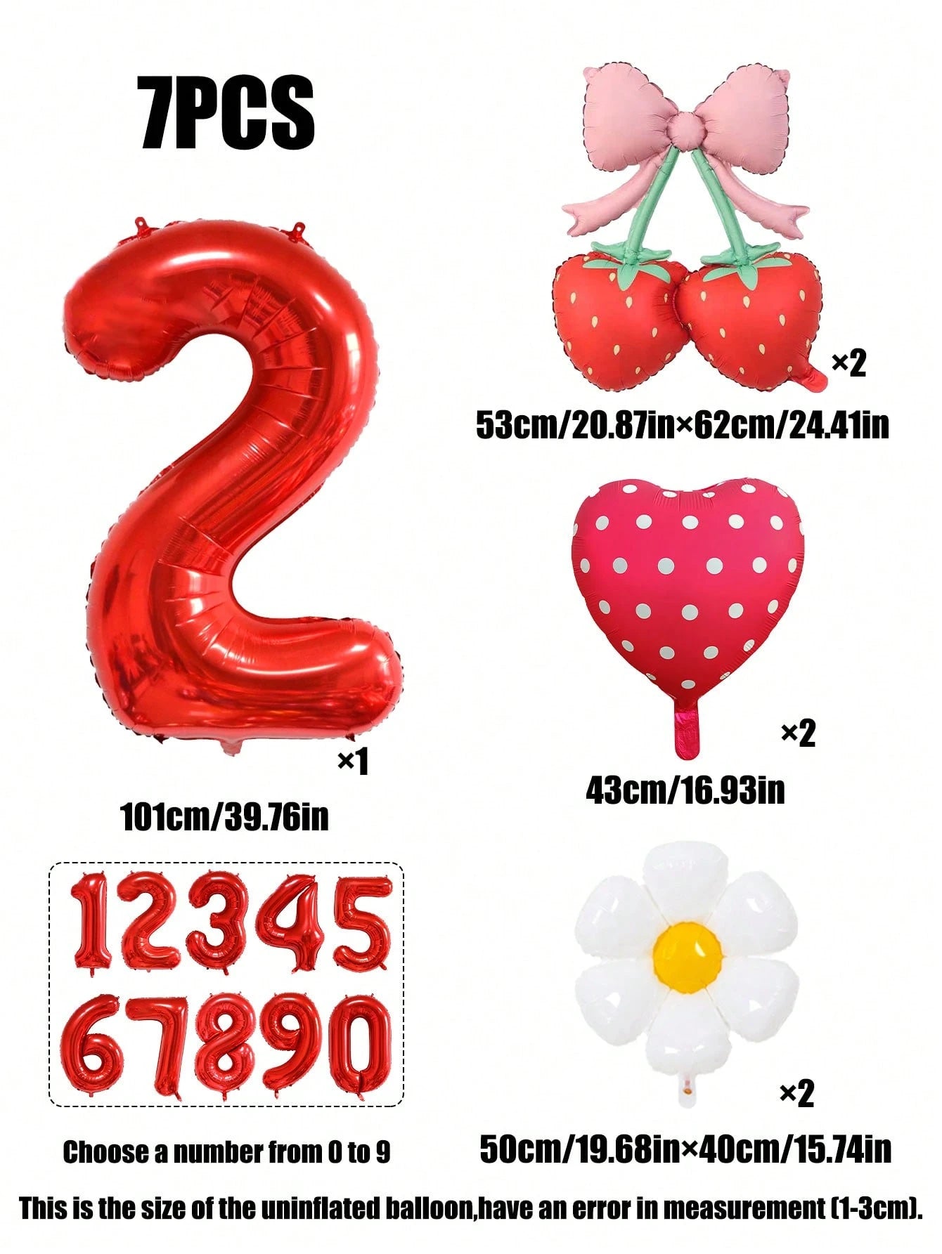 7pcs 40 Inch Pink & Red Number Balloon Set, Bow Cherry Strawberry Foil Balloons, Polka Dot Heart Balloons, Daisy Balloons, Suitable For Birthday Party, Baby Shower Decoration