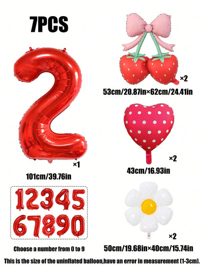 7pcs 40 Inch Pink & Red Number Balloon Set, Bow Cherry Strawberry Foil Balloons, Polka Dot Heart Balloons, Daisy Balloons, Suitable For Birthday Party, Baby Shower Decoration