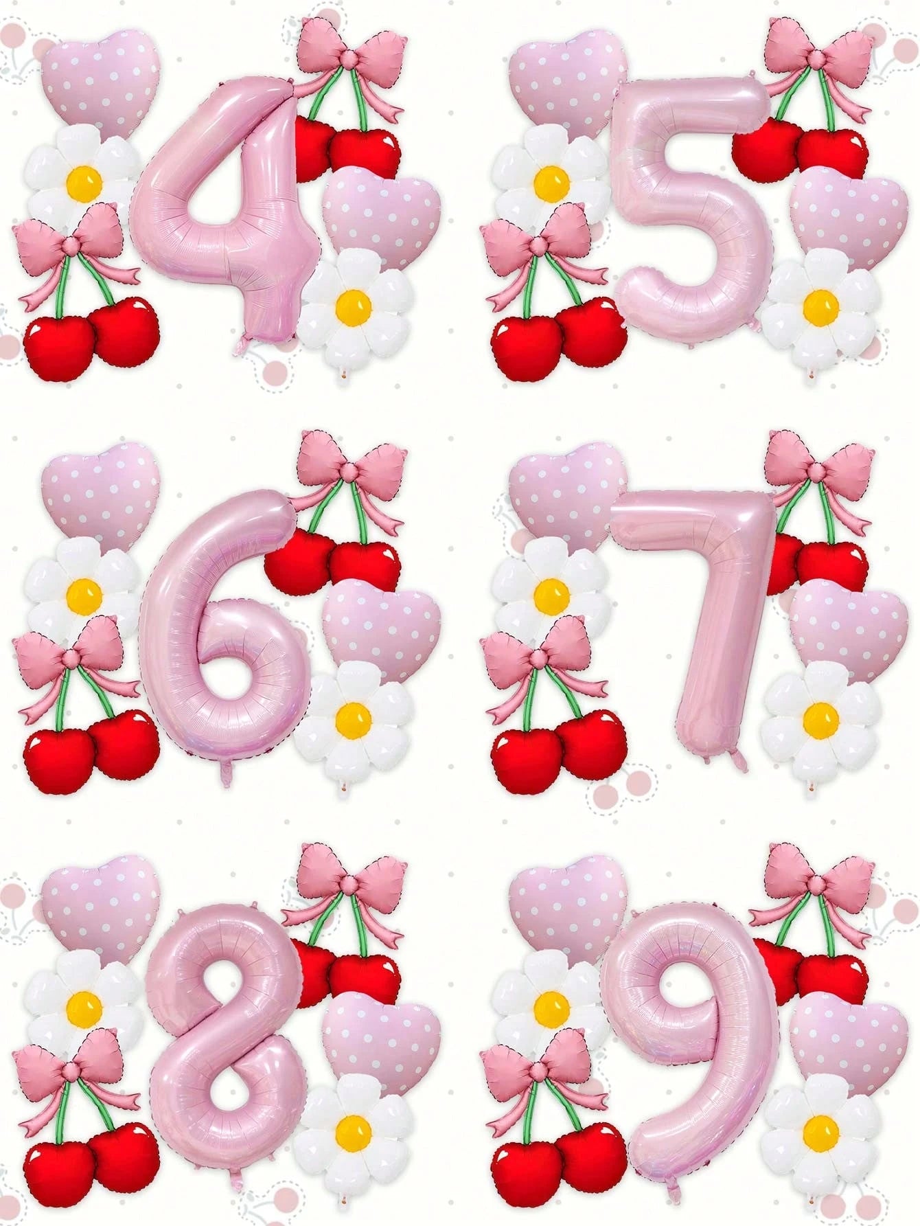 7pcs 40 Inch Pink & Red Number Balloon Set, Bow Cherry Strawberry Foil Balloons, Polka Dot Heart Balloons, Daisy Balloons, Suitable For Birthday Party, Baby Shower Decoration