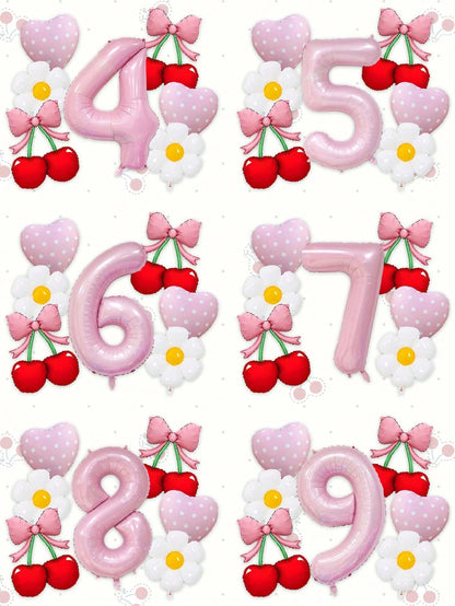 7pcs 40 Inch Pink & Red Number Balloon Set, Bow Cherry Strawberry Foil Balloons, Polka Dot Heart Balloons, Daisy Balloons, Suitable For Birthday Party, Baby Shower Decoration