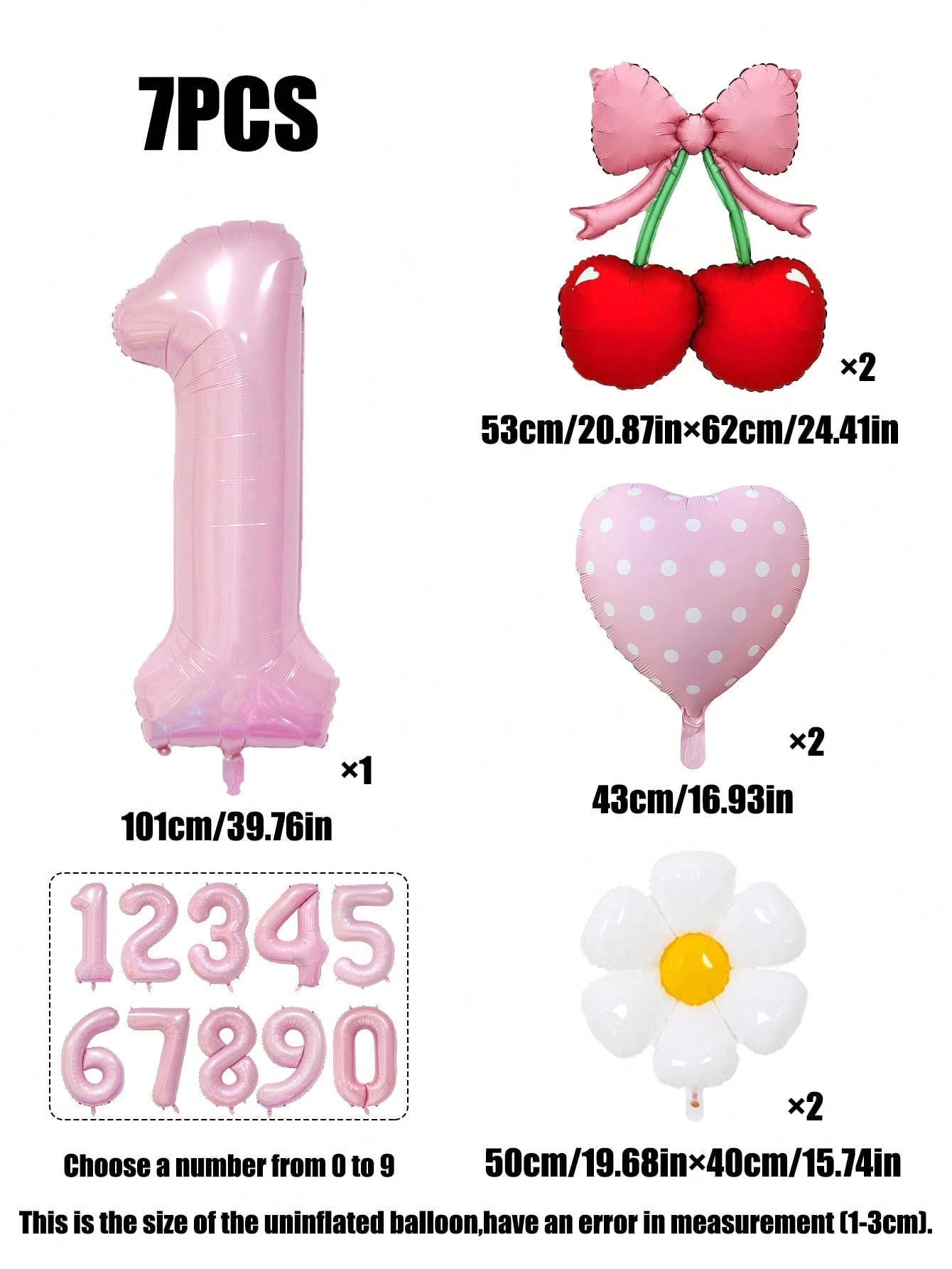 7pcs 40 Inch Pink & Red Number Balloon Set, Bow Cherry Strawberry Foil Balloons, Polka Dot Heart Balloons, Daisy Balloons, Suitable For Birthday Party, Baby Shower Decoration