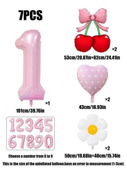 7pcs 40 Inch Pink & Red Number Balloon Set, Bow Cherry Strawberry Foil Balloons, Polka Dot Heart Balloons, Daisy Balloons, Suitable For Birthday Party, Baby Shower Decoration