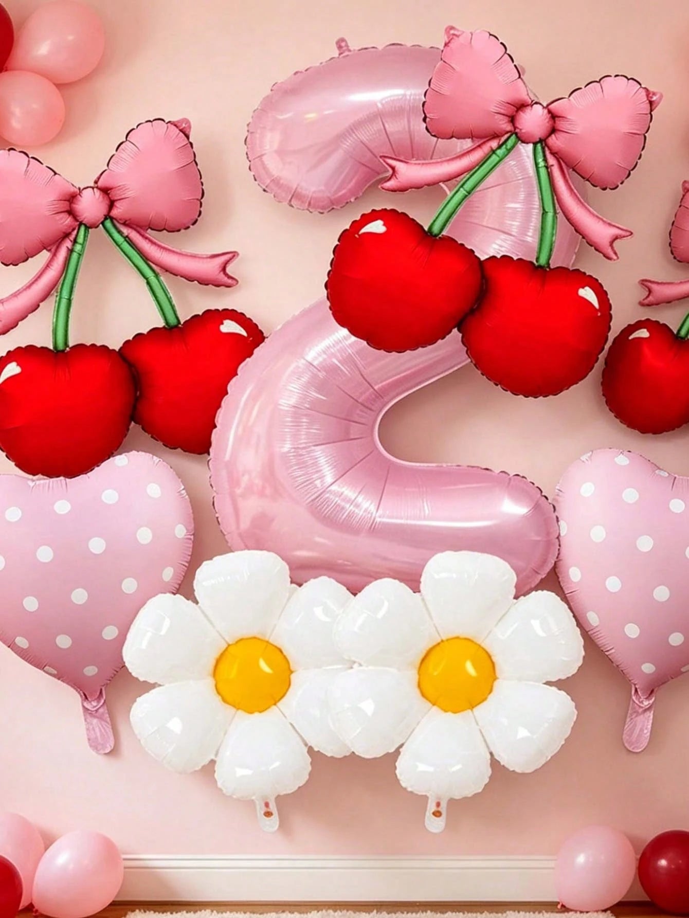 7pcs 40 Inch Pink & Red Number Balloon Set, Bow Cherry Strawberry Foil Balloons, Polka Dot Heart Balloons, Daisy Balloons, Suitable For Birthday Party, Baby Shower Decoration