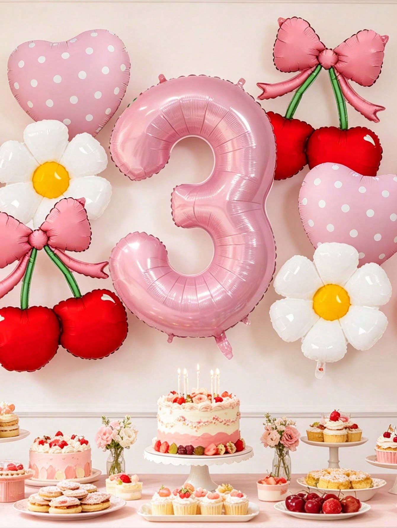 7pcs 40 Inch Pink & Red Number Balloon Set, Bow Cherry Strawberry Foil Balloons, Polka Dot Heart Balloons, Daisy Balloons, Suitable For Birthday Party, Baby Shower Decoration