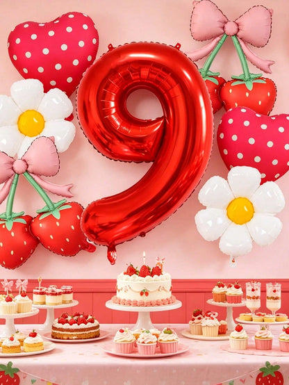 7pcs 40 Inch Pink & Red Number Balloon Set, Bow Cherry Strawberry Foil Balloons, Polka Dot Heart Balloons, Daisy Balloons, Suitable For Birthday Party, Baby Shower Decoration