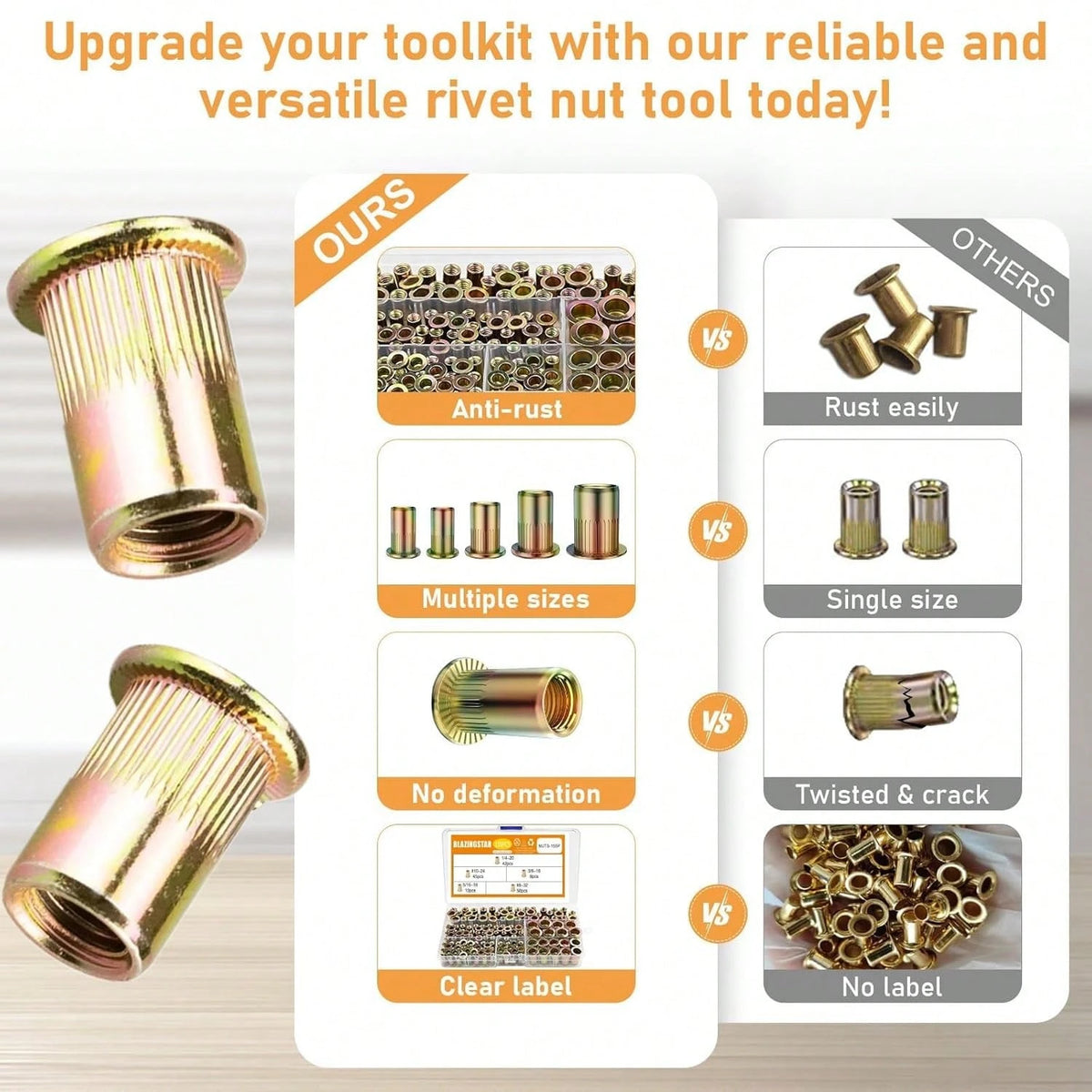 #8-32#10-24 1/4"-20 5/16"-18 3/8"-16 Carbon Steel UNC Rivet Nuts Assortment Kit, Yellow Zinc Plated Finish, Flat Head Threaded Insert Nut Assort