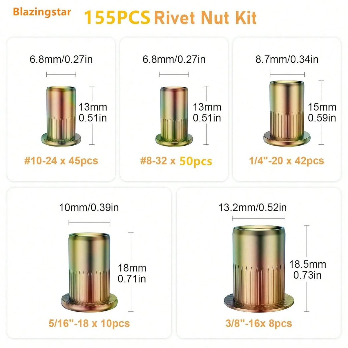 #8-32#10-24 1/4"-20 5/16"-18 3/8"-16 Carbon Steel UNC Rivet Nuts Assortment Kit, Yellow Zinc Plated Finish, Flat Head Threaded Insert Nut Assort