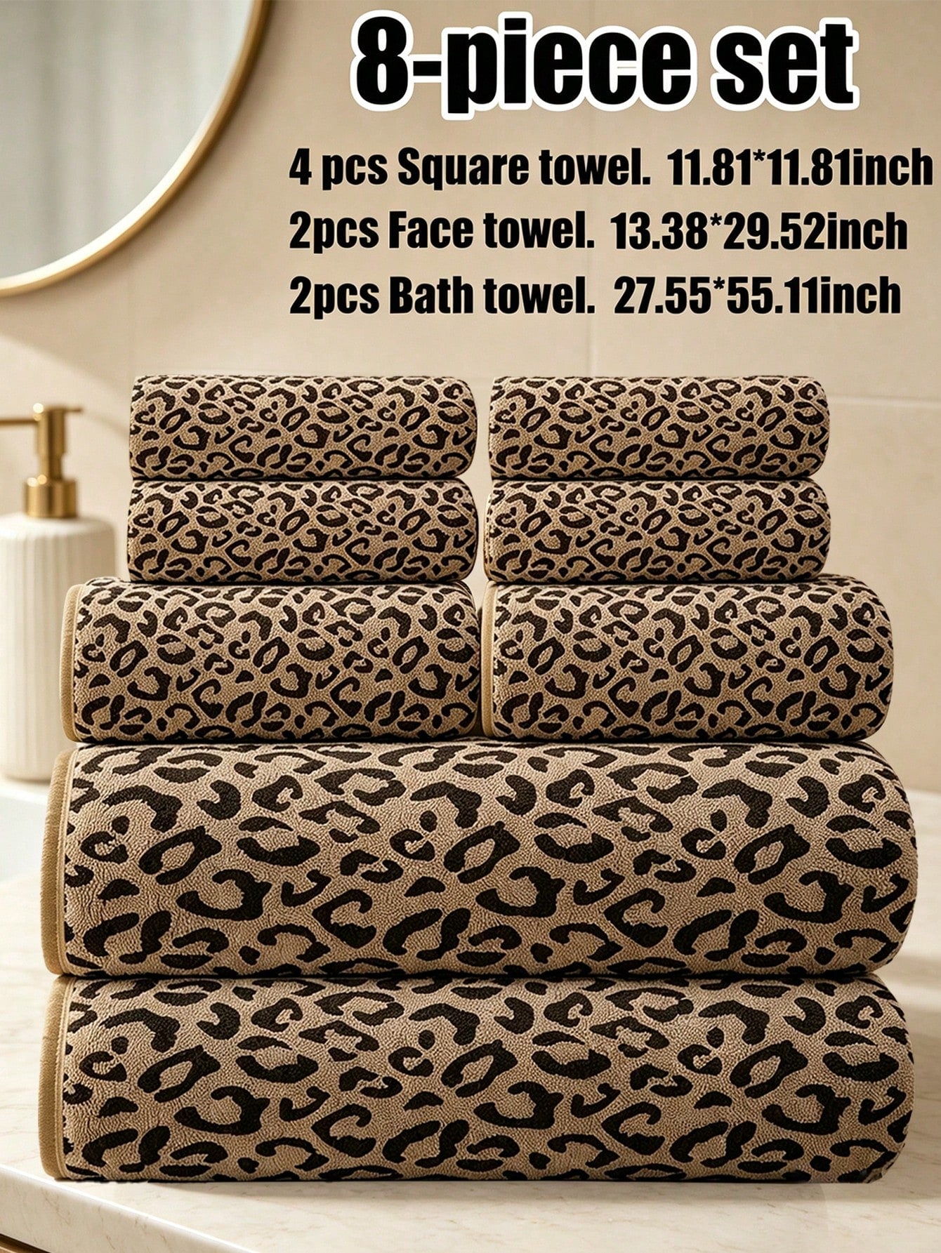 8-Piece Set- Luxury Leopard Print Coral Fleece Towel Set, Soft Skin-Friendly Absorbent Quick-Drying, Ideal For Home Bathroom And Spa Decor