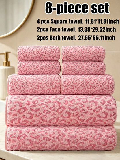 8-Piece Set- Luxury Leopard Print Coral Fleece Towel Set, Soft Skin-Friendly Absorbent Quick-Drying, Ideal For Home Bathroom And Spa Decor