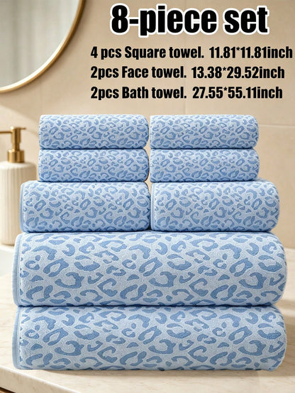 8-Piece Set- Luxury Leopard Print Coral Fleece Towel Set, Soft Skin-Friendly Absorbent Quick-Drying, Ideal For Home Bathroom And Spa Decor
