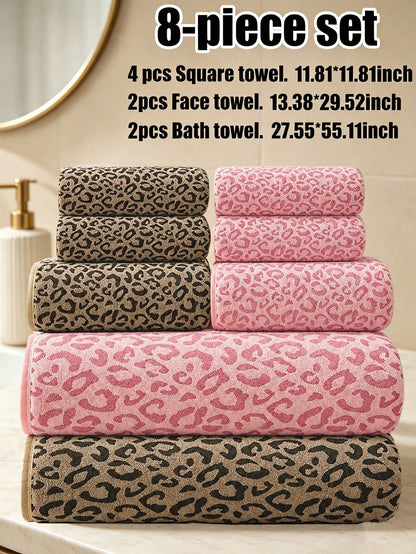8-Piece Set- Luxury Leopard Print Coral Fleece Towel Set, Soft Skin-Friendly Absorbent Quick-Drying, Ideal For Home Bathroom And Spa Decor