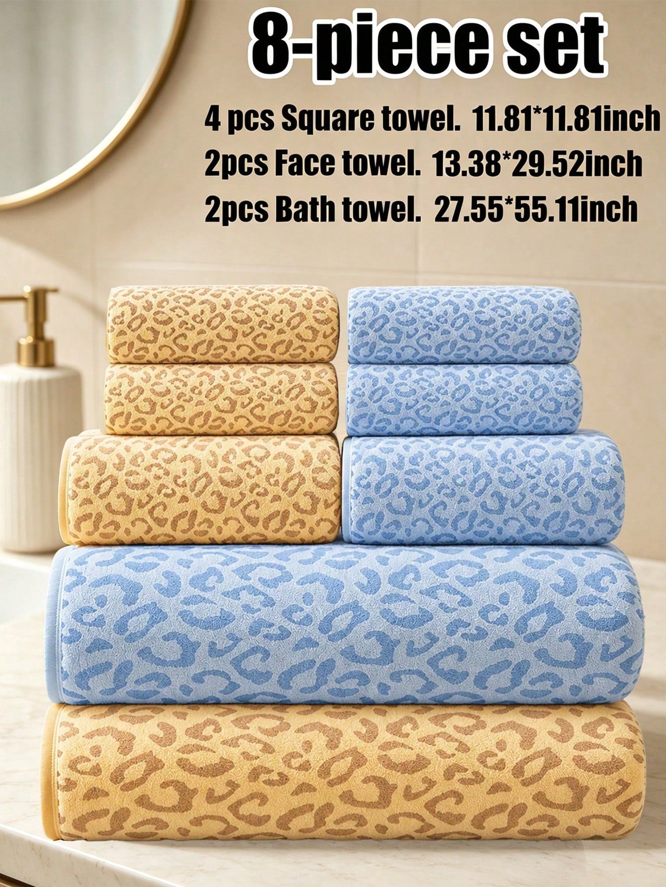 8-Piece Set- Luxury Leopard Print Coral Fleece Towel Set, Soft Skin-Friendly Absorbent Quick-Drying, Ideal For Home Bathroom And Spa Decor