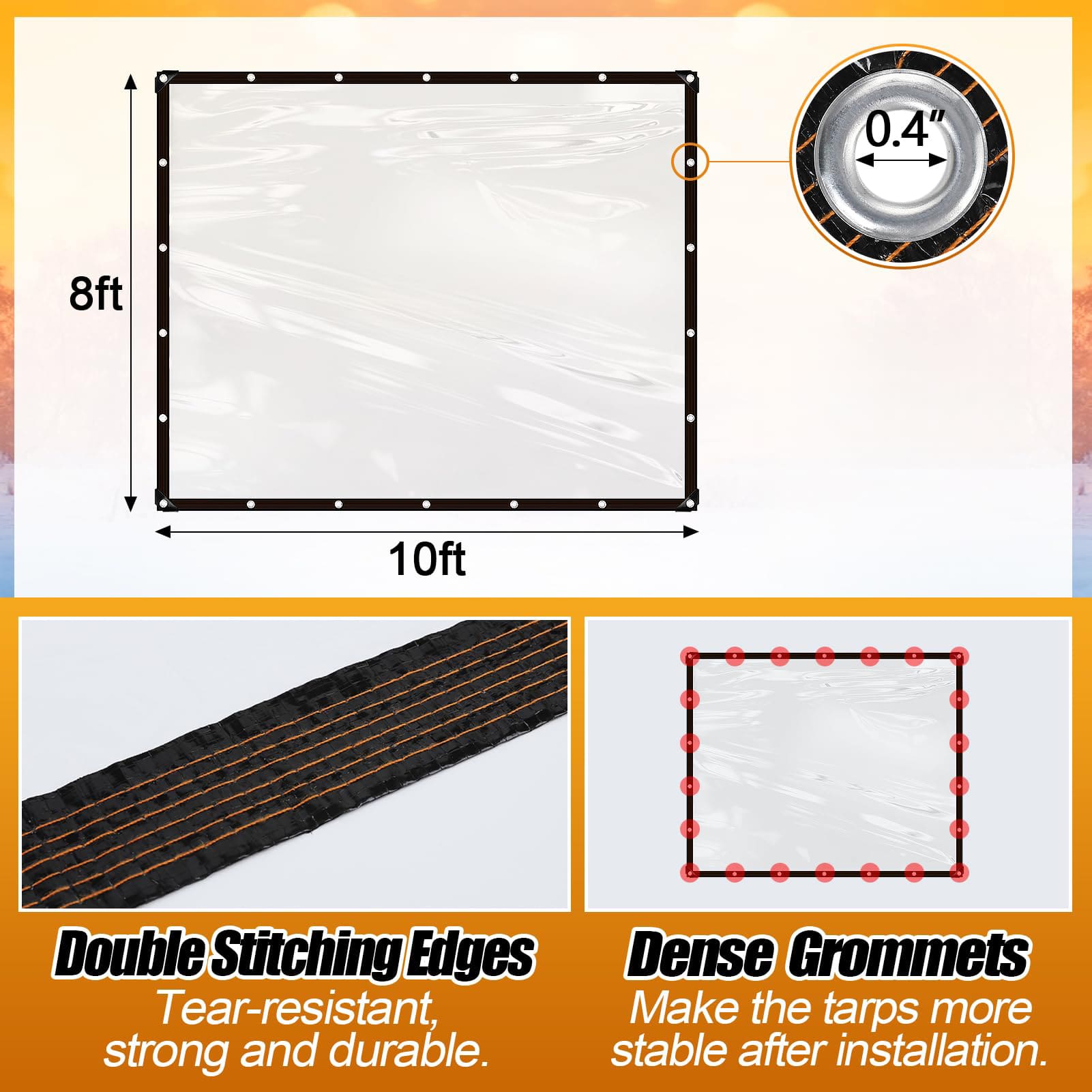 8'x10' Clear Tarps Heavy Duty PE Thick Tarpaulin With Metal Grommets, Protects Against Water, UV-Ray, Tear, Cold Weather Resistan For Greenhouse Balcony Garden