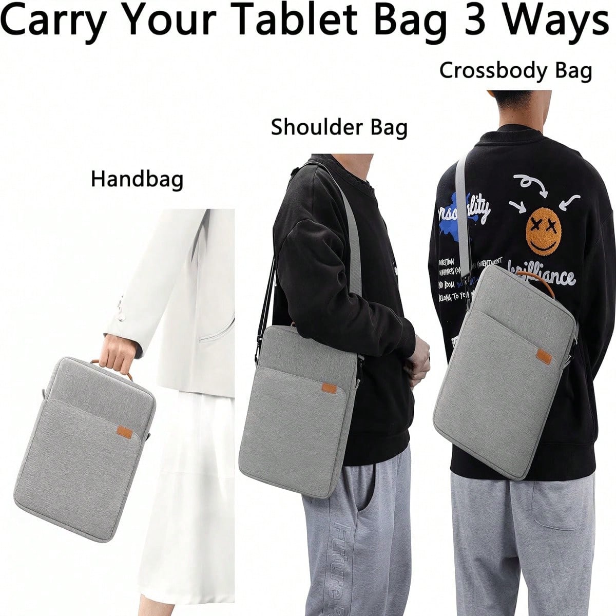 9-11" Tablet Sleeve With Shoulder Strap & Handle – Crossbody Bag For Men – Fits Pro, Surface Go, Galaxy Tab S8/S9 –Gray Water-Resistant Carrying