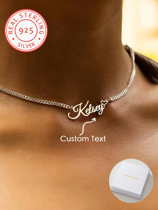 A 925 Silver Classic Elegant Heart-Shaped Customized English Name Pendant Necklace, Lively And Interesting, Retro And Exquisite, Suitable For Any Scene And Season As A Versatile Accessory. It Is A Bea
