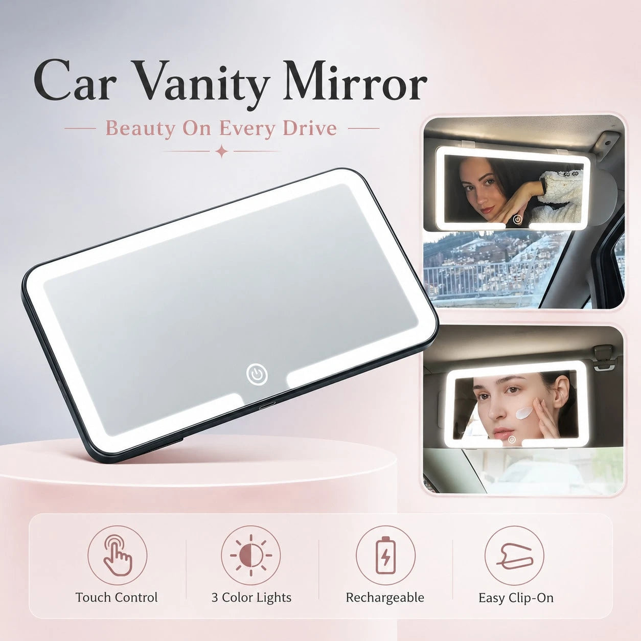 A Dimmable, Portable Rearview Sun Visor Vanity Mirror With A Touchscreen For Adjustable Brightness, Suitable For Cars, Trucks, And SUVs. A Great Holiday Gift.