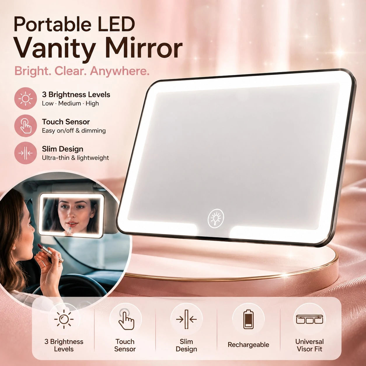 A Dimmable, Portable Rearview Sun Visor Vanity Mirror With A Touchscreen For Adjustable Brightness, Suitable For Cars, Trucks, And SUVs. A Great Holiday Gift.