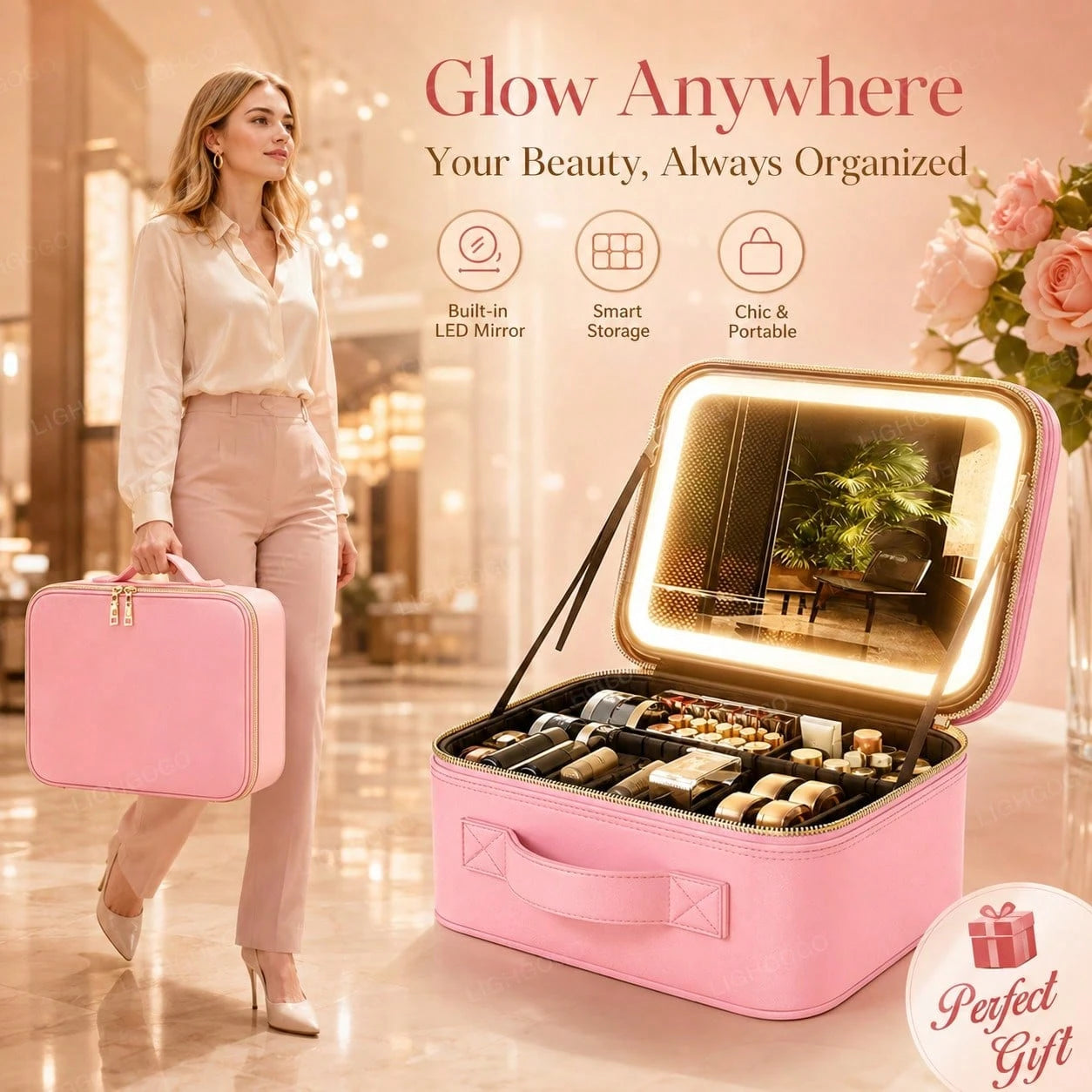 A Multifunctional, Practical, And Stylish Portable Cosmetic Organizer With An Adjustable Makeup Mirror Via Touchscreen.