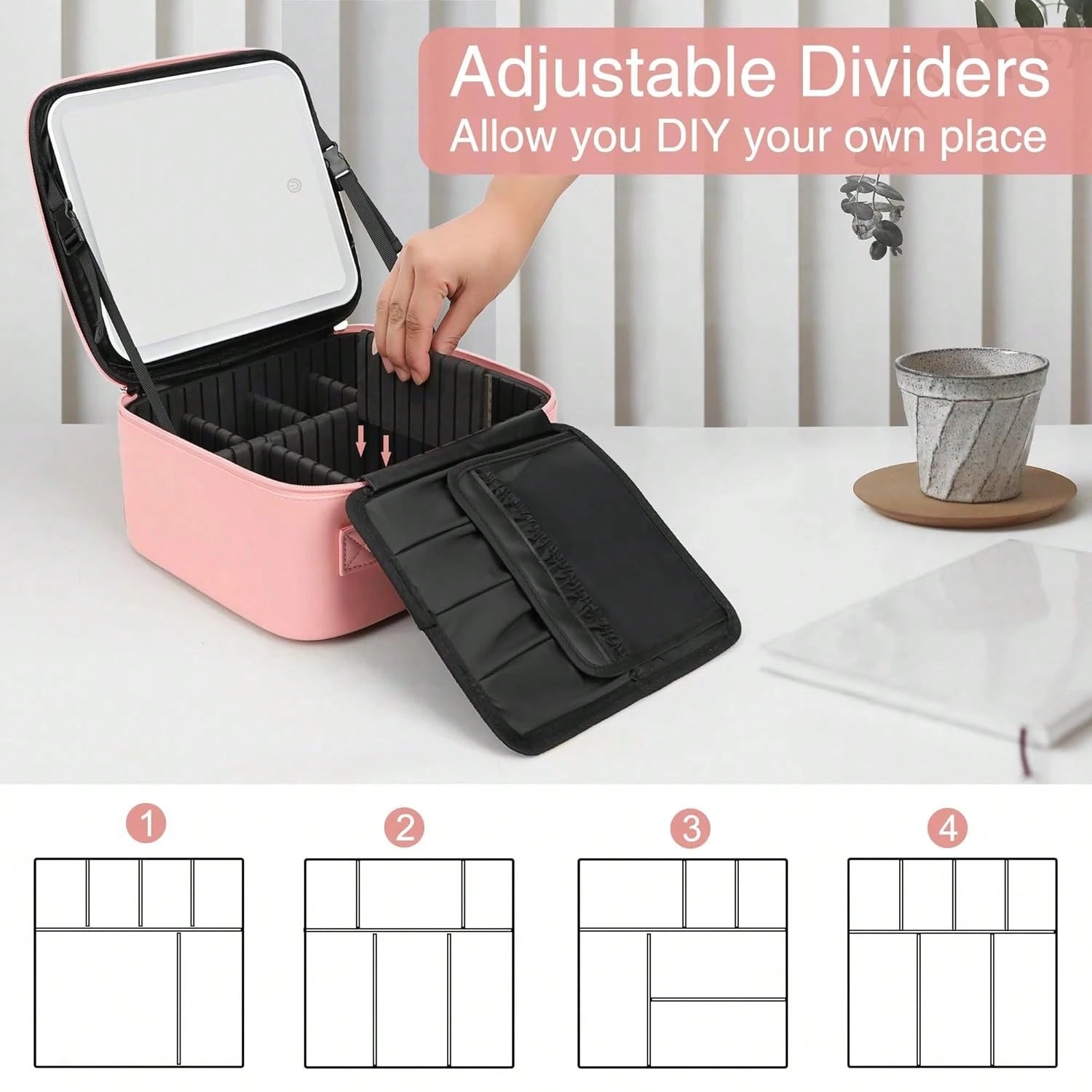 A Multifunctional, Practical, And Stylish Portable Cosmetic Organizer With An Adjustable Makeup Mirror Via Touchscreen.