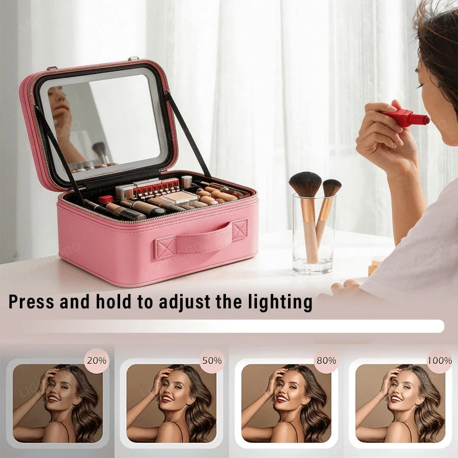A Multifunctional, Practical, And Stylish Portable Cosmetic Organizer With An Adjustable Makeup Mirror Via Touchscreen.