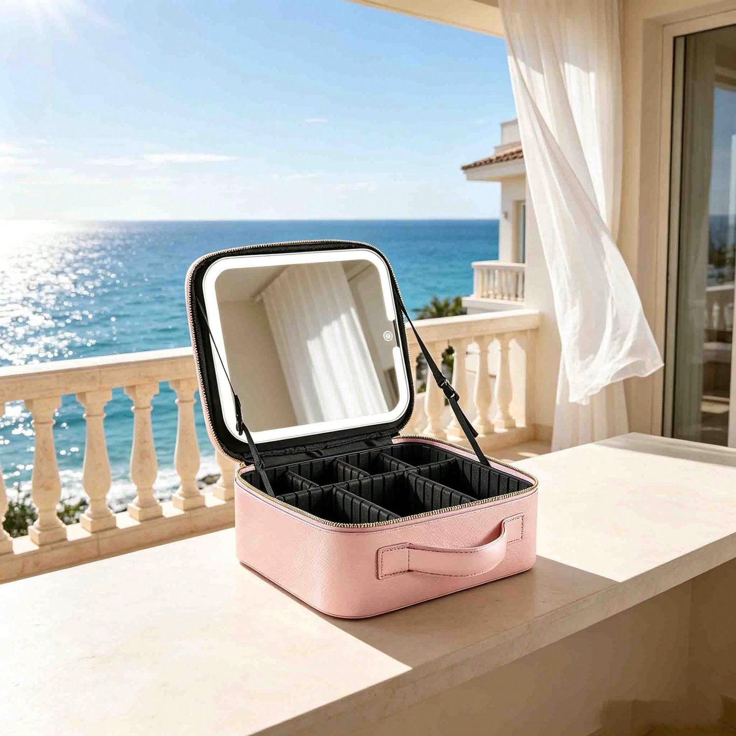 A Multifunctional, Practical, And Stylish Portable Cosmetic Organizer With An Adjustable Makeup Mirror Via Touchscreen.
