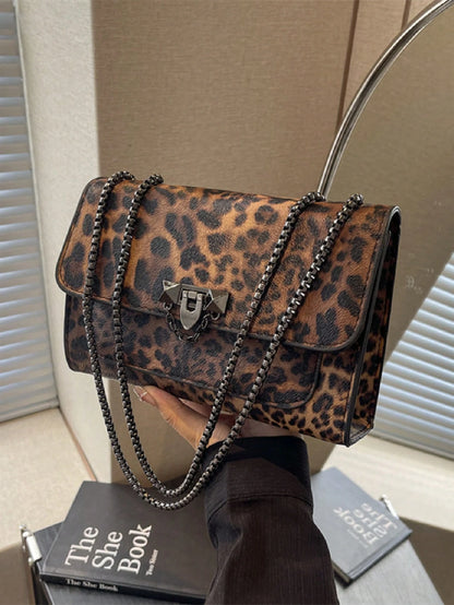 A Vintage Fashion Leopard Print Bag, Hardware Lock Closure, Flap Opening, Metal Double Chain, Multi-Functional And Elegant Shoulder Crossbody Bag, Suitable For Girls' Daily Life, Leisure, Commuting, W