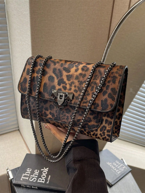 A Vintage Fashion Leopard Print Bag, Hardware Lock Closure, Flap Opening, Metal Double Chain, Multi-Functional And Elegant Shoulder Crossbody Bag, Suitable For Girls' Daily Life, Leisure, Commuting, W