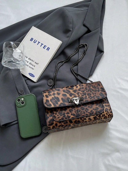 A Vintage Fashion Leopard Print Bag, Hardware Lock Closure, Flap Opening, Metal Double Chain, Multi-Functional And Elegant Shoulder Crossbody Bag, Suitable For Girls' Daily Life, Leisure, Commuting, W