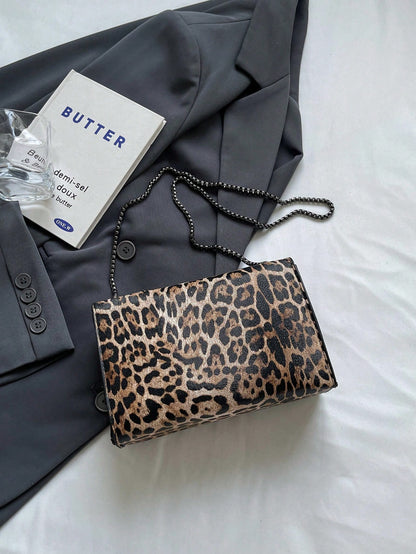 A Vintage Fashion Leopard Print Bag, Hardware Lock Closure, Flap Opening, Metal Double Chain, Multi-Functional And Elegant Shoulder Crossbody Bag, Suitable For Girls' Daily Life, Leisure, Commuting, W