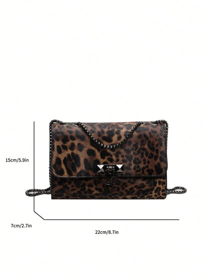 A Vintage Fashion Leopard Print Bag, Hardware Lock Closure, Flap Opening, Metal Double Chain, Multi-Functional And Elegant Shoulder Crossbody Bag, Suitable For Girls' Daily Life, Leisure, Commuting, W