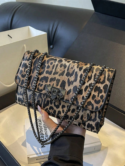 A Vintage Fashion Leopard Print Bag, Hardware Lock Closure, Flap Opening, Metal Double Chain, Multi-Functional And Elegant Shoulder Crossbody Bag, Suitable For Girls' Daily Life, Leisure, Commuting, W