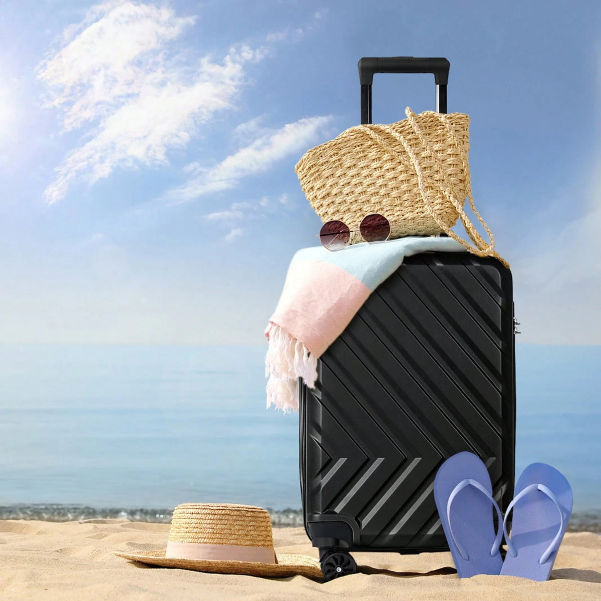 ABS Trolley Luggage 20 Inch. Black Family Suitcase. Spinner Wheels And Customs Lock. Suitable For Business Travel. Traveling. Trolley Suitcase Traveling Bags Suitcase Clothes Storage Cruise Essentials