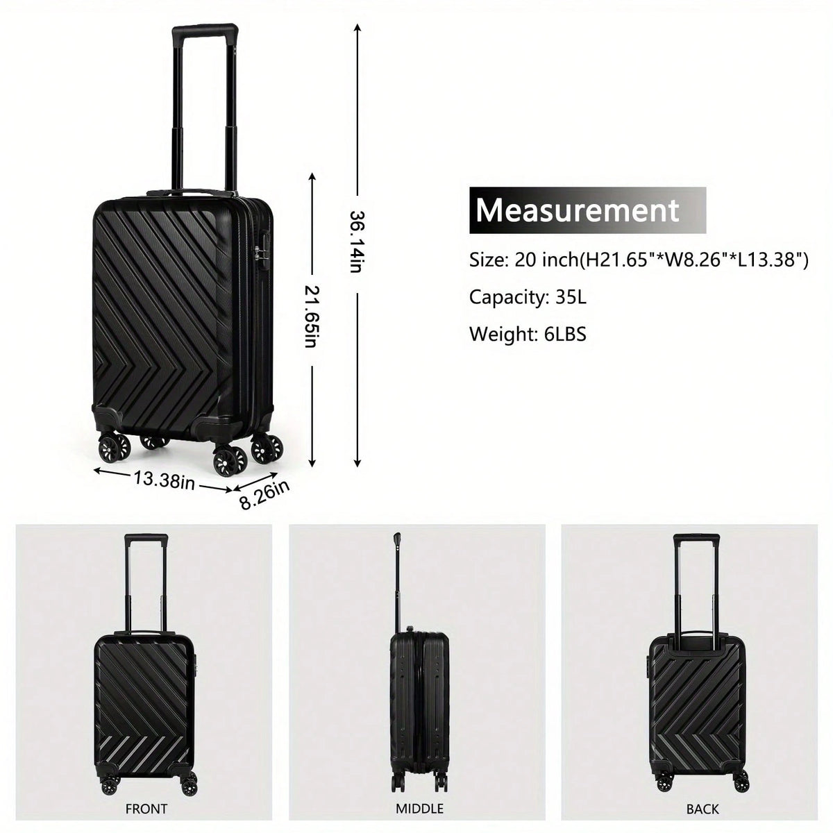 ABS Trolley Luggage 20 Inch. Black Family Suitcase. Spinner Wheels And Customs Lock. Suitable For Business Travel. Traveling. Trolley Suitcase Traveling Bags Suitcase Clothes Storage Cruise Essentials