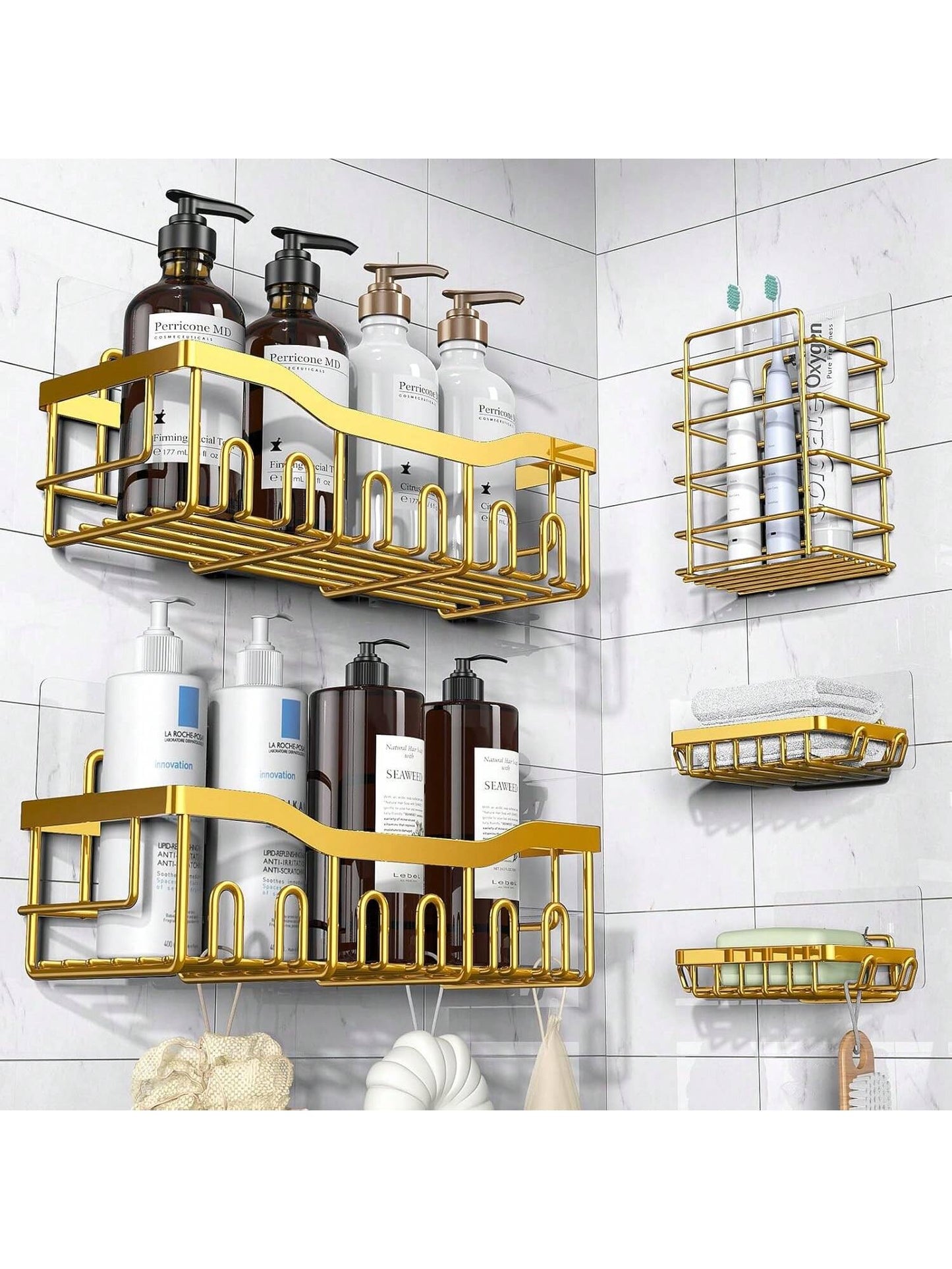 Adhesive Shower Caddy, 5 Pack Rustproof Stainless Steel Bath Organizers With Large Capacity, No Drilling Shelves For Bathroom Storage & Home Decor