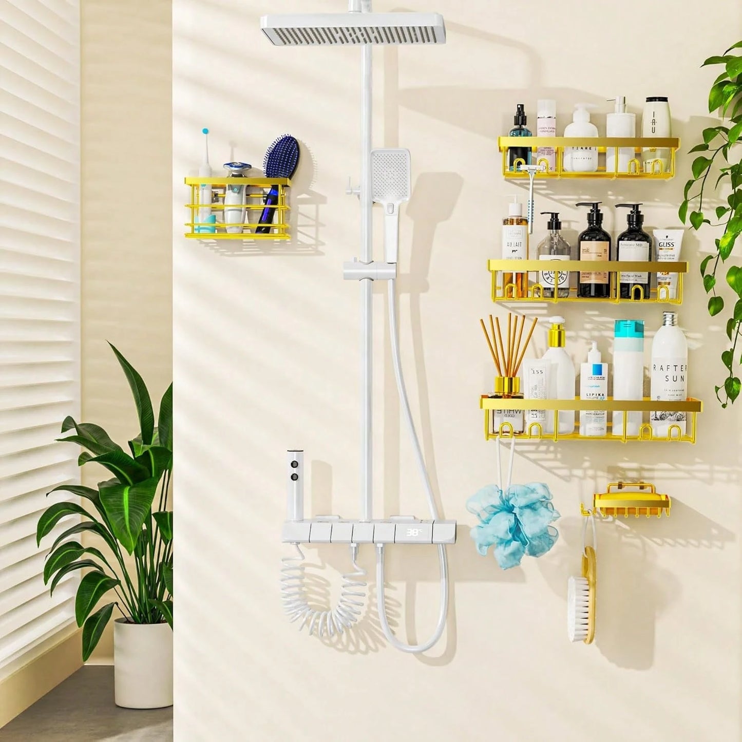 Adhesive Shower Caddy, 5 Pack Rustproof Stainless Steel Bath Organizers With Large Capacity, No Drilling Shelves For Bathroom Storage & Home Decor