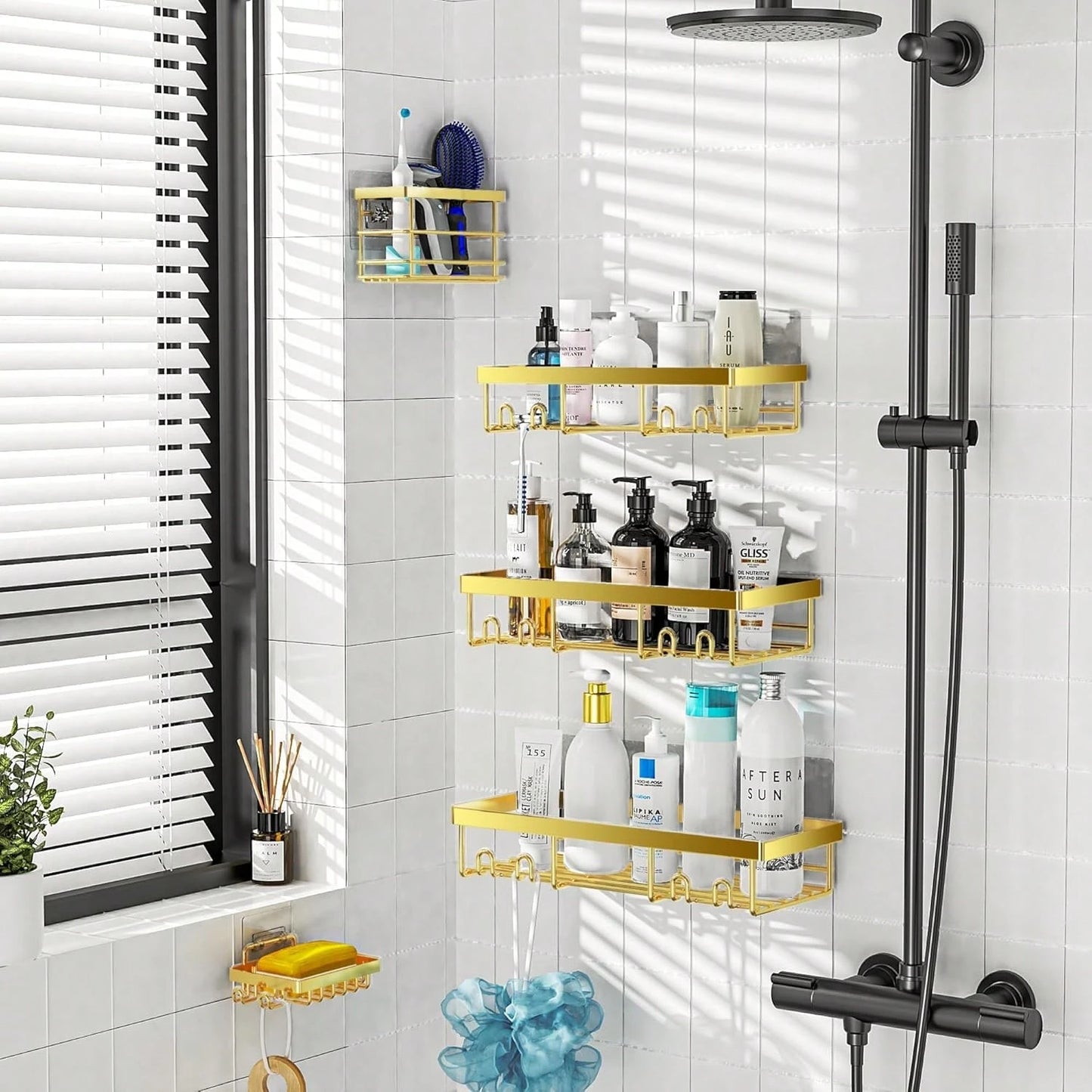 Adhesive Shower Caddy, 5 Pack Rustproof Stainless Steel Bath Organizers With Large Capacity, No Drilling Shelves For Bathroom Storage & Home Decor