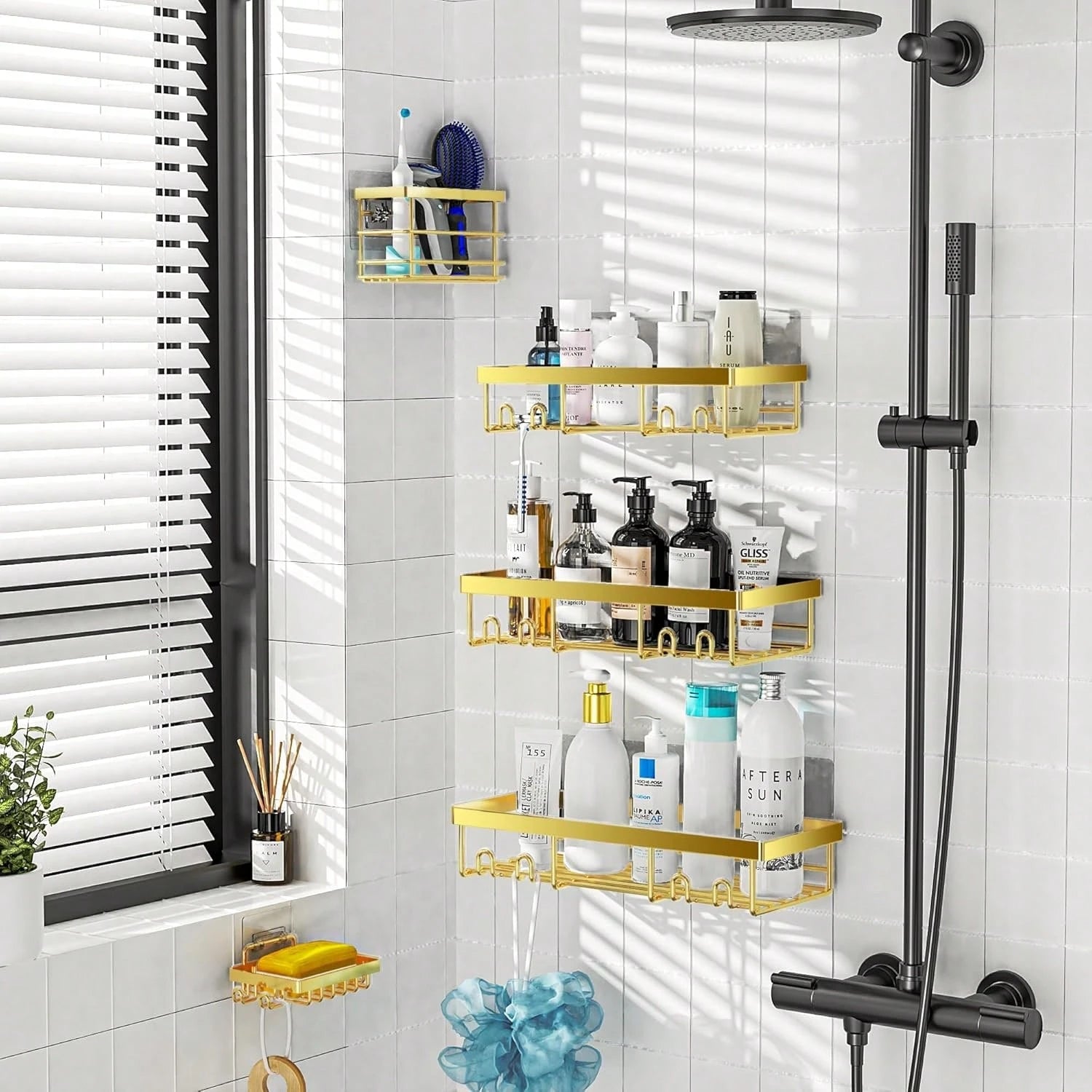 Adhesive Shower Caddy, 5 Pack Rustproof Stainless Steel Bath Organizers With Large Capacity, No Drilling Shelves For Bathroom Storage & Home Decor