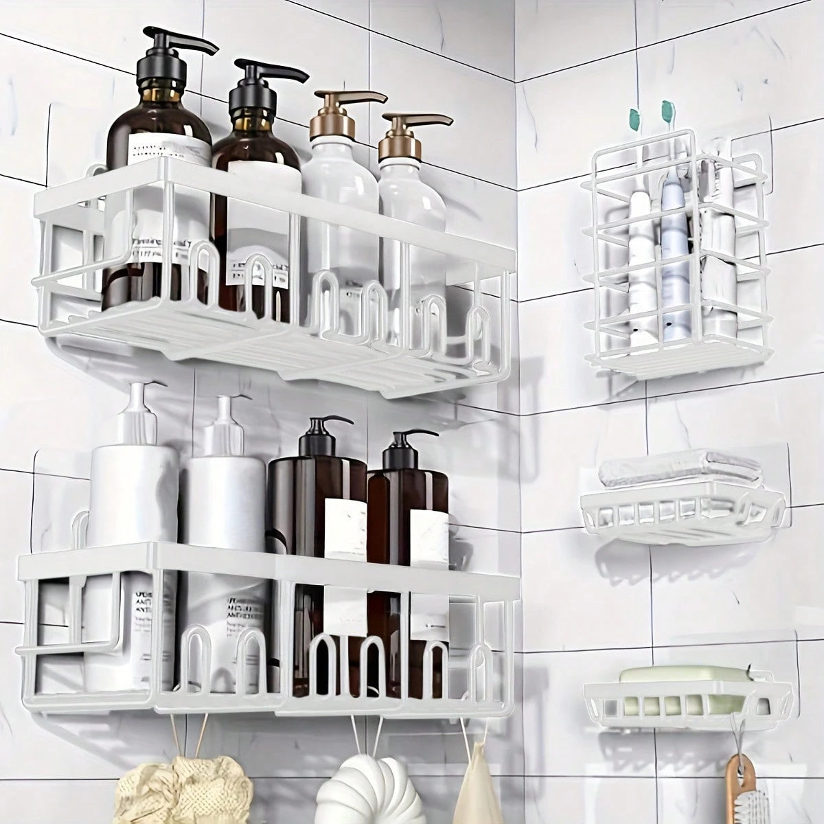 Adhesive Shower Caddy, 5 Pack Rustproof Stainless Steel Bath Organizers With Large Capacity, No Drilling Shelves For Bathroom Storage & Home Decor