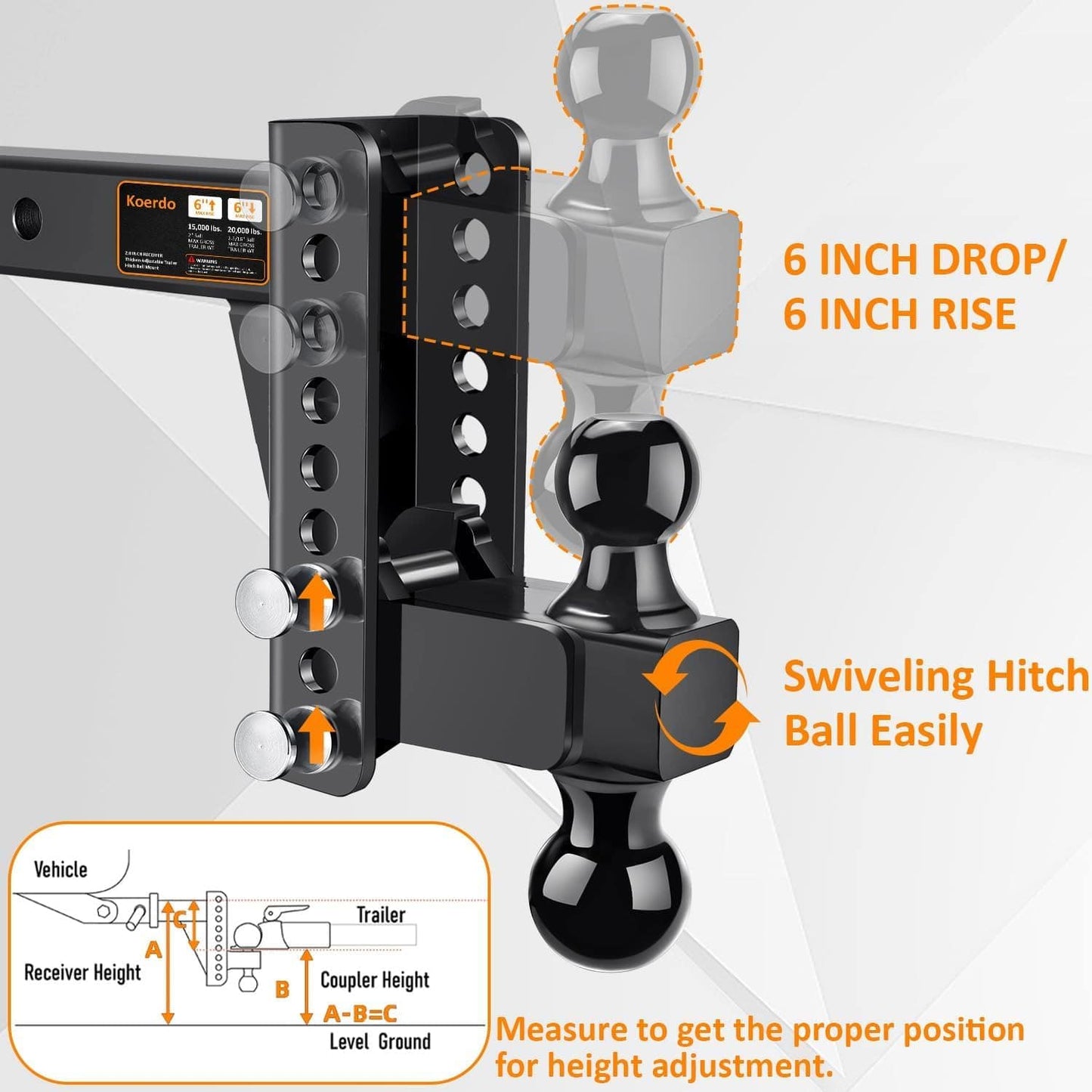 Adjustable Trailer Hitch-Drop Hitch-Tow Hitch With 2 Inch Receiver-6inch Drop/Rise, 2" & 2-5/16" Ball Hitches For Trucks, 20,000 LBS GTW, Trailer Hitches With Anti-Theft Pin.(Black)