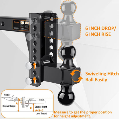 Adjustable Trailer Hitch-Drop Hitch-Tow Hitch With 2 Inch Receiver-6inch Drop/Rise, 2" & 2-5/16" Ball Hitches For Trucks, 20,000 LBS GTW, Trailer Hitches With Anti-Theft Pin.(Black)