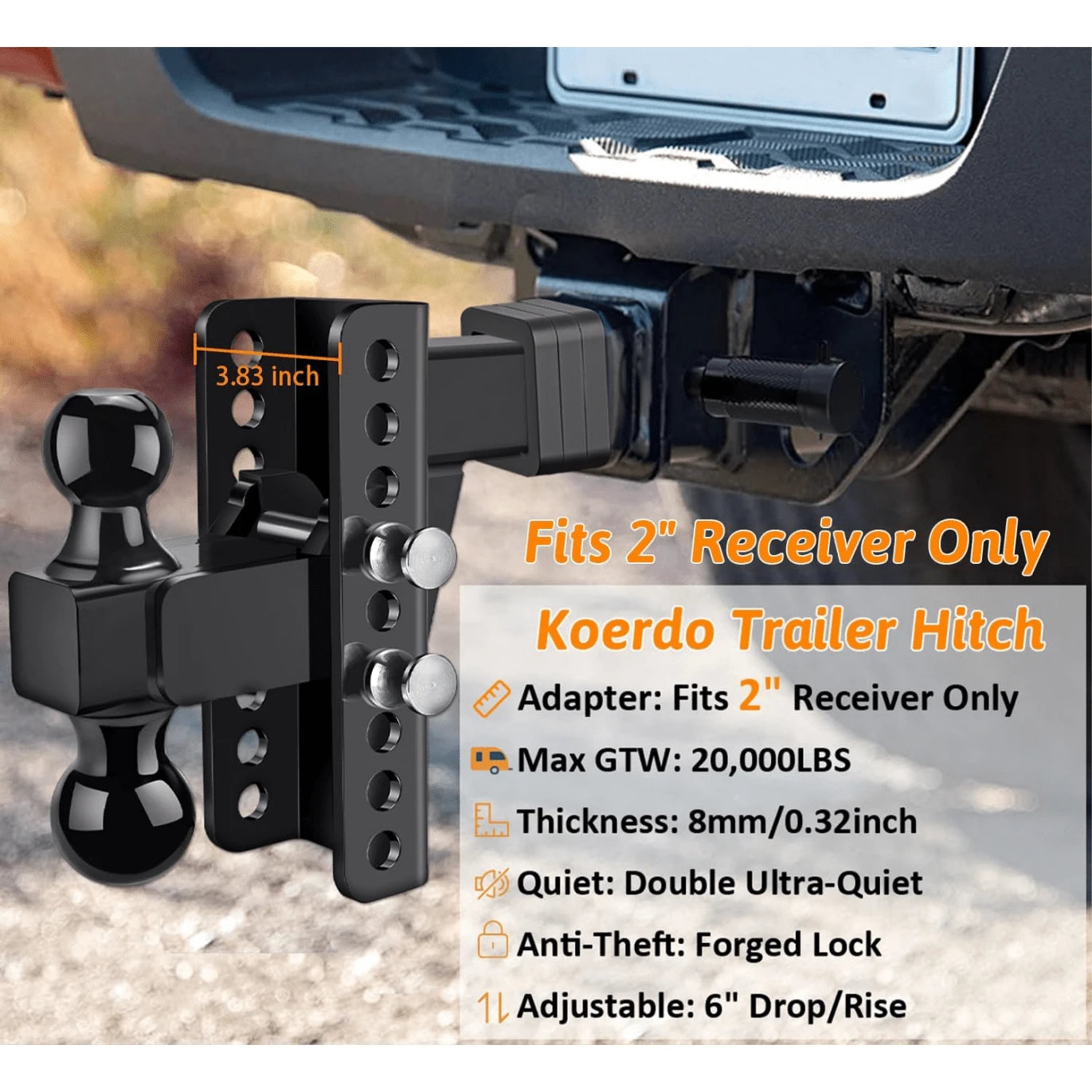 Adjustable Trailer Hitch-Drop Hitch-Tow Hitch With 2 Inch Receiver-6inch Drop/Rise, 2" & 2-5/16" Ball Hitches For Trucks, 20,000 LBS GTW, Trailer Hitches With Anti-Theft Pin.(Black)