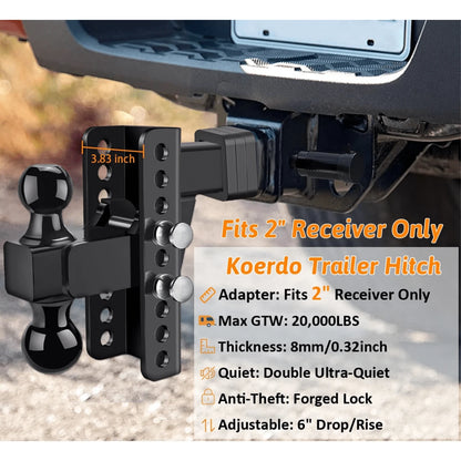 Adjustable Trailer Hitch-Drop Hitch-Tow Hitch With 2 Inch Receiver-6inch Drop/Rise, 2" & 2-5/16" Ball Hitches For Trucks, 20,000 LBS GTW, Trailer Hitches With Anti-Theft Pin.(Black)