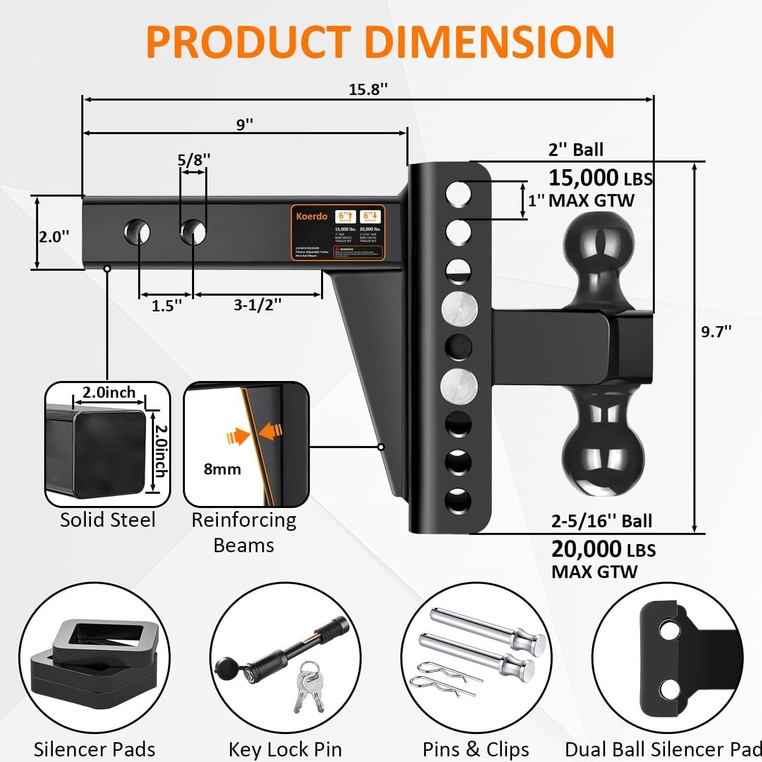Adjustable Trailer Hitch-Drop Hitch-Tow Hitch With 2 Inch Receiver-6inch Drop/Rise, 2" & 2-5/16" Ball Hitches For Trucks, 20,000 LBS GTW, Trailer Hitches With Anti-Theft Pin.(Black)