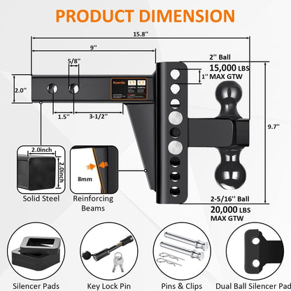 Adjustable Trailer Hitch-Drop Hitch-Tow Hitch With 2 Inch Receiver-6inch Drop/Rise, 2" & 2-5/16" Ball Hitches For Trucks, 20,000 LBS GTW, Trailer Hitches With Anti-Theft Pin.(Black)