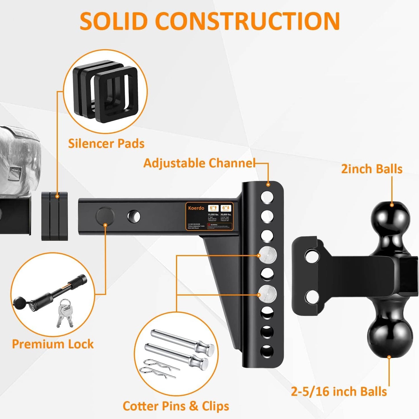 Adjustable Trailer Hitch-Drop Hitch-Tow Hitch With 2 Inch Receiver-6inch Drop/Rise, 2" & 2-5/16" Ball Hitches For Trucks, 20,000 LBS GTW, Trailer Hitches With Anti-Theft Pin.(Black)