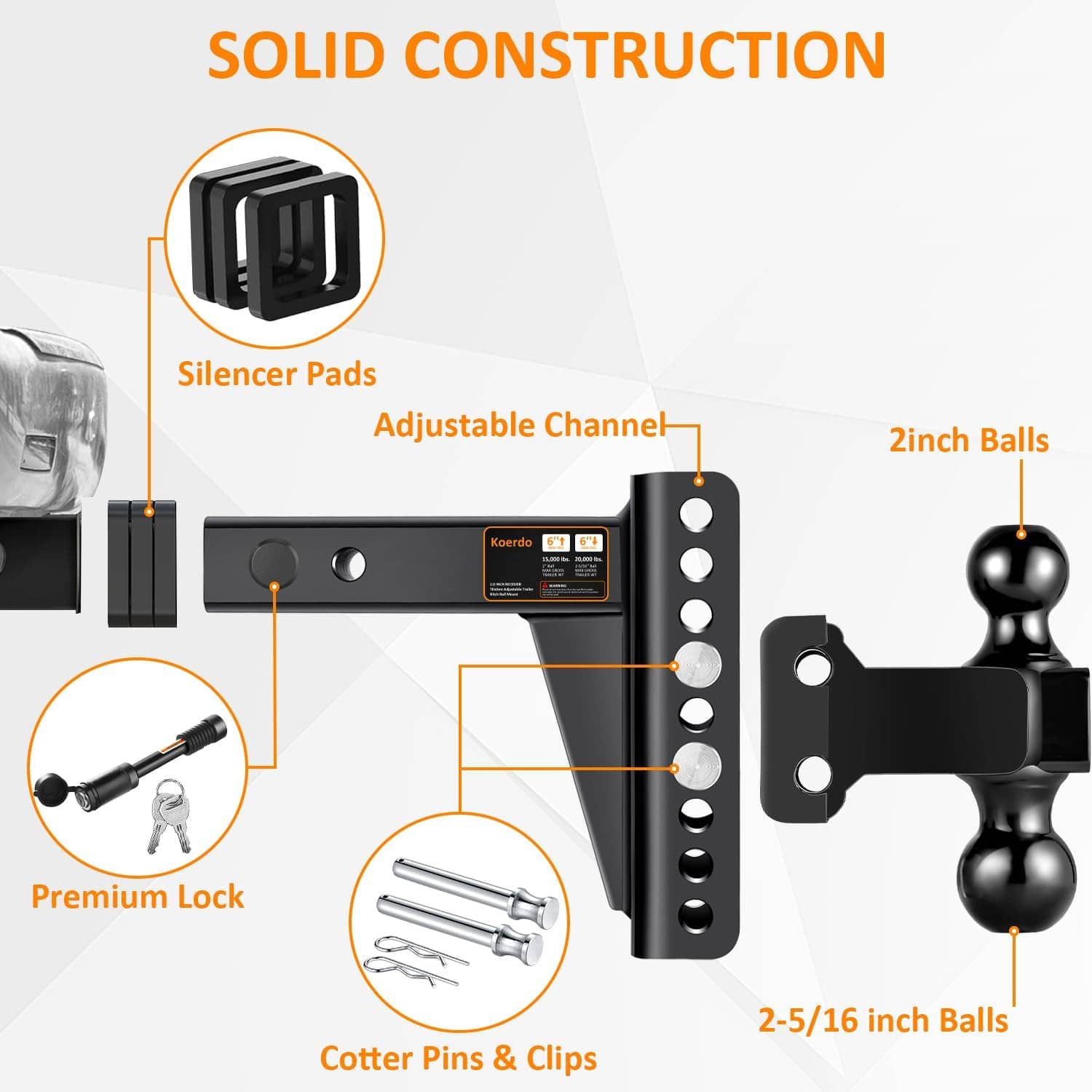 Adjustable Trailer Hitch-Drop Hitch-Tow Hitch With 2 Inch Receiver-6inch Drop/Rise, 2" & 2-5/16" Ball Hitches For Trucks, 20,000 LBS GTW, Trailer Hitches With Anti-Theft Pin.(Black)